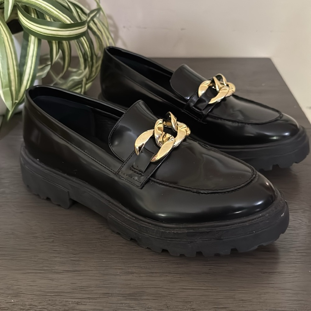 Steve Madden Black Loafers with Gold Accent